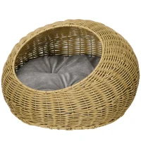 PawHut Katzenhöhle mit waschbarem Kissen, für Tiere bis 4 kg, Indoor, Kunst-Rattan, Ø50 x 31 cm, Hellbraun(m-1)