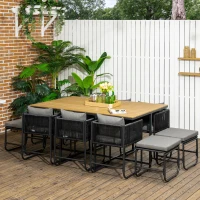 Outsunny 10 Seater Rattan Cube Garden Furniture Set, Rattan Dining Set with Cushions, Outdoor Dining Table and Chairs with 6 Armchairs, 4 Stools, Rectangular Wood Grain Plastic Top Table, Black(m-2)
