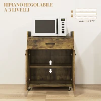 HOMCOM Carrello da Cucina con Cassetto, Armadietto e 4 Ruote in Legno, 60x40x77cm, Marrone Rustico(m-5)