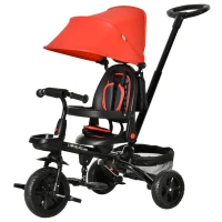 HOMCOM Tricycle Enfant évolutif Pliable 4 en 1 Multifonction - Pare-Soleil, Canne télescopique Amovible - siège pivotant, Harnais, Arceau sécurité - 3 paniers Rangement - métal PP Rouge Noir(m-1)