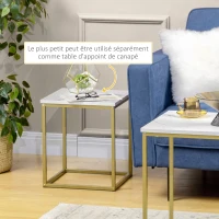HOMCOM Lot de 2 tables basses gigognes carrées style art déco - acier doré panneaux aspect marbre blanc(m-5)