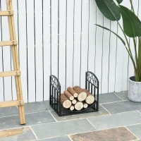 Outsunny Metal Firewood Log Holder Indoor Outdoor Firewood Rack Inner Arced Fireplace Wood Storage Shelf w/ Elegant Scrolls, Black, 45W x 35D x 40H cm(m-7)