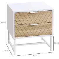 HOMCOM Modern Bedside Table with 2 Drawers and Metal Frame, Sofa Side Table for Bedroom Living Room, Set of 2, White and Oak(m-3)