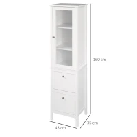 kleankin Armario Alto para Baño Mueble Columna de Baño con Puerta de Cristal Estantes Ajustables y 2 Cajones 43x35x160 cm Blanco(m-3)