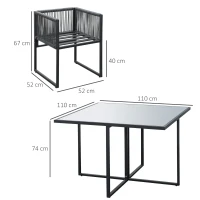 Outsunny Set da Giardino 5 Pezzi in Rattan, 4 Sedie da Giardino e Tavolo da Pranzo con Piano in Vetro(m-3)