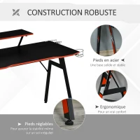 HOMCOM Bureau gaming bureau gamer bureau informatique bracket casque enceintes porte-gobelet grand plateau MDF texture carbone + étagère écran châssis acier rouge noir(m-5)