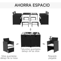 Outsunny Conjunto de Muebles de Jardín Comedor 9 Piezas de Ratán Apilables con Cojines para Terraza 1 Mesa 4 Sillas y 4 Taburetes de Exterior Elegante Negro(m-6)