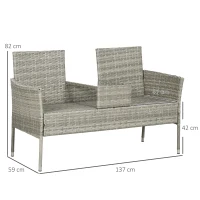 Outsunny Divanetto per Esterni 2 Posti con Tavolino da Caffè, in Acciaio e Rattan PE, 137x59x82 cm, Grigio e Crema(m-3)