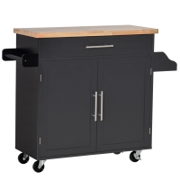 HOMCOM Carrello da Cucina Multiuso con Cassetto, Ruote, Portaspezie e Armadietto, Mobiletto Cucina con Ripiano Regolabile, Portasciugamani e Piano in Legno di Caucciù, 109x40x89 cm, Nero
