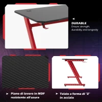HOMCOM Scrivania da Gaming in Legno e Acciaio con Passacavi, Scrivania per Computer Portabicchieri e Gancio per Cuffie, Rosso e Nero,120x65x74.5cm(m-7)