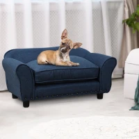 PawHut Dog Sofa for XS and S Size Dogs, Pet Chair Couch with Thick Sponge Padded Cushion, Kitten Lounge Bed with Washable Cover, Wooden Frame - Blue(m-10)