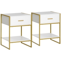 HOMCOM 2er-Set Nachttische, 1 Schublade, 1 Regal, 45 cm x 40 cm x 60 cm, Weiß + Gold