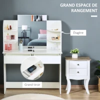 HOMCOM Coiffeuse Design Contemporain Table de Maquillage Multi-Rangement 4 étagères Grand tiroir et Miroir Panneaux Particules Blanc(m-4)