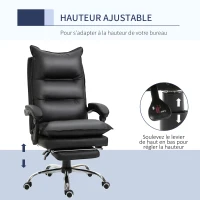 Vinsetto Fauteuil de bureau, chaise bureau ergonomique en similicuir avec large assise rembourrée, dossier inclinable, hauteur réglable, accoudoirs et repose-pied intégrés, charge 135 Kg, noir(m-4)