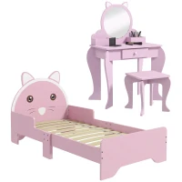 ZONEKIZ Wooden Kids Bedroom Furniture Set with Kids Dressing Table, Stool, Bed, for 3-6 Years, Cat-Design(m-1)