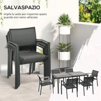 Outsunny Set da Giardino con 6 Sedie Impilabili in Tessuto a Rete e Tavolo Effetto Legno, Grigio(m-4)