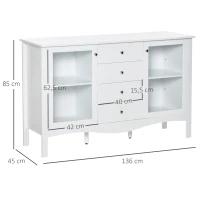 HOMCOM Aparador de Cocina Armario Buffet con 2 Puertas de Vidrio Estante Ajustable Interior y 4 Cajones Mueble Auxiliar para Comedor Salón 136x45x85 cm Blanco(m-3)