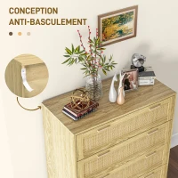 HOMCOM Commode 4 tiroirs meuble de rangement façade tissage en rotin style bohème dim. 90l x 45P x 108,5H cm Aspect Bois Clair(m-6)