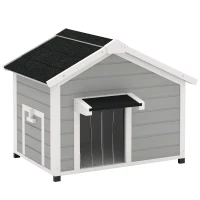 PawHut Wooden Dog House Outdoor with Openable Roof, Removable Floor, Curtain, Elevated Feet, for Medium Dogs, Light Grey(m-1)