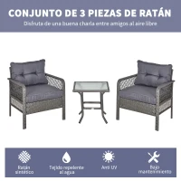 Outsunny Conjunto de Muebles de Ratán Juegos de 3 Piezas de Jardín 2 Sillones 65x66x75 cm y Mesa de Vidrio Templado 50x50x50 cm con Cojines Acolchados para Terraza Patio Gris(m-4)