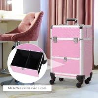 HOMCOM Valise trolley maquillage mallette cosmétique vanity poignée télescopique réglable 34L x 25l x 62H cm alu. rose(m-5)