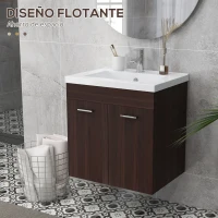 kleankin Mueble de Baño con Lavabo Cerámico Armario Bajo de Lavabo de Pared con 2 Puertas Estante Ajustable 60x45,5x60 cm Marrón(m-4)