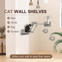 PawHut 3-Piece Cat Wall Furniture with Scratching Posts, Scratching Pads, Perches, Cat Wands, Toy Balls, Light Grey(m-4)