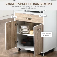 HOMCOM Chariot de service desserte de cuisine à roulettes tiroir placard 2 portes étagère en bois blanc aspect chêne clair(m-4)