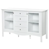 HOMCOM Aparador de Cocina Armario Buffet con 2 Puertas de Vidrio Estante Ajustable Interior y 4 Cajones Mueble Auxiliar para Comedor Salón 136x45x85 cm Blanco(m-10)