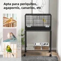 PawHut Jaula para Pájaros con Ruedas 77x46x119 cm Jaula Metálica para Aves con Bandeja Extraíble 2 Perchas 2 Comederos Negro(m-6)