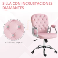 Vinsetto Silla de Escritorio de Terciopelo con Altura Ajustable Reposabrazos y Decoraciones de Diamantes 59,5x60,5x93-103 cm Rosa(m-7)