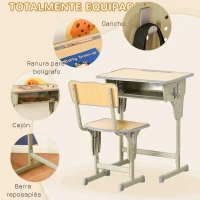 HOMCOM Juego de Escritorio y Silla para Niños de +6 Años Altura Ajustable con Cajón y Gancho Natural(m-5)