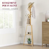 HOMCOM Portemanteau sur pied en bois bambou portant à vêtements 8 patères 3 étagères 46 x 46 x 175 cm naturel(m-5)