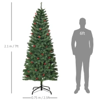 HOMCOM 7FT Prelit Artificial Pencil Christmas Tree with Warm White LED Light, Red Berry, Holiday Home Xmas Decoration, Green(m-3)