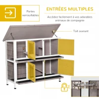 PawHut Cage à lapin en bois massif clapier 2 niveaux toit ouvrant avec auge plateaux coulisants 4 portes 122 x 50 x 101 cm gris blanc(m-5)