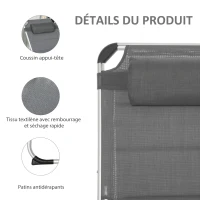 Outsunny Bain de soleil transat pliable dossier réglable multi-positions matelassage tétière aluminium textilène gris(m-5)