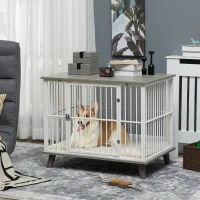 PawHut Dog Crate Furniture, Indoor Pet Kennel Cage, Top End Table w/ Soft Cushion, Lockable Door, for Small Dogs, 86 x 60 x 70 cm - Grey(m-2)