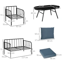 Outsunny Ensemble salon de jardin 4 pièces canapé 2 places + 2 fauteuils + table basse plateau verre trempé grand confort 4 coussins rembourrage épais déhoussables métal bleu foncé et noir(m-3)