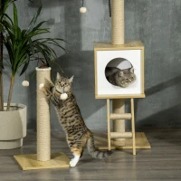 PawHut Arbre à chat sol au plafond hauteur réglable 225-285 cm avec poteau à gratter 4 niveaux niche hamac échelle jeux beige(m-8)