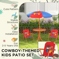 Outsunny Kids Picnic Table and Chair Set, Cowboy Themed Outdoor Garden Furniture w/ Foldable Chairs, Adjustable Parasol(m-6)