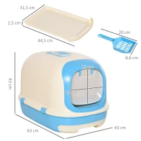 PawHut Arenero para Gatos Caja de Arena con Asa de Transporte Doble Fondo Bandeja Extraíble Pala y Filtro de Carbón Activo 63x43x43 cm Beige y Azul(m-3)