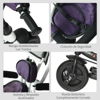 HOMCOM Triciclo Evolutivo para Bebés 6 en 1 Triciclo para Niños de 1-5 Años Bicicleta para Niños con Toldo Plegable Mango Telescópico Desmontable Cinturón de Seguridad y Cesto 95x50x106 cm Morado(m-4)