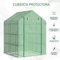 Outsunny Invernadero de Jardín Tipo Caseta Invernadero de Exterior con 2 Niveles 4 Estantes Puerta Enrollable Marco de Acero y Cubierta de PE 140g/㎡ para Cultivos Plantas Macetas 143x138x190 cm Verde(m-4)