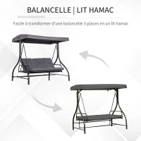 Outsunny Balancelle de Jardin 3 Places Convertible Inclinaison Toit réglable Matelas Grand Confort Rembourrage 8 cm fourni Gris métal époxy Noir(m-5)