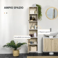 kleankin Colonna Bagno con 2 Ripiani Aperti e 2 Armadietti in Truciolato, 31.5x30x169 cm, Bianco e color Legno(m-4)