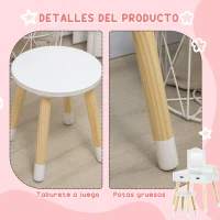 ZONEKIZ Tocador de Madera Infantil con Taburete y Espejo Centro de Belleza con 2 Cajones para 3-6 Años 60x40x95cm Blanco(m-6)