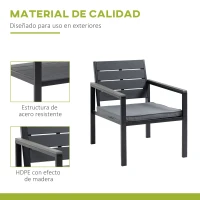 Outsunny Conjunto de Muebles de Jardín 4 Piezas Mesa de Centro Banco de 2 Plazas y 2 Sillas con Cojines Desenfundables y Marco de Metal HDPE para Terraza Exterior 113x65x78 cm Gris(m-4)
