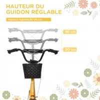 HOMCOM Trottinette patinette Enfant Grandes Roues pneumatiques Guidon réglable Frein AV-AR Garde-Boue béquille Panier métal Jaune Noir(m-4)