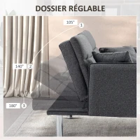HOMCOM Canapé-lit convertible 3 places dossier inclinable 3 positions avec 2 coussins grand confort 189 x 91 x 84 cm gris(m-5)