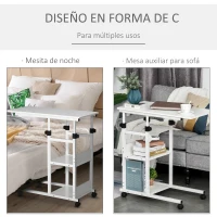 HOMCOM Mesa Auxiliar con Ruedas 80x40 cm Mesa para Sofá en Forma de C con Altura Ajustable 3 Niveles de 72-82 cm Marco de Metal para Salón Cocina Blanco(m-4)